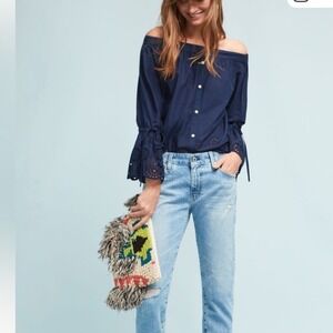 Isabella Sinclair Anthropologie Blue Eyelet Off The Shoulder Cotton Blouse Med